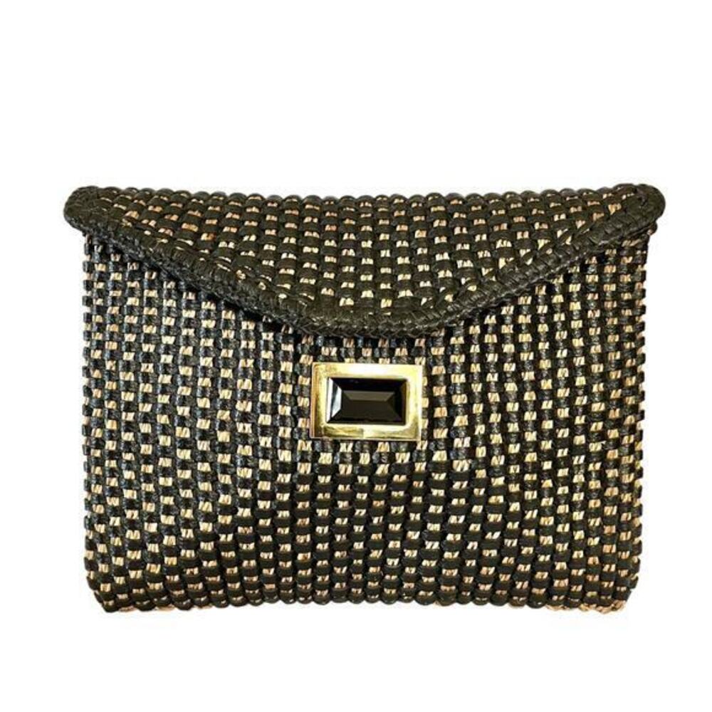 Kara Ross NY Woven Straw Black Leather Onyx Embellished Envelope Clutch Handbag